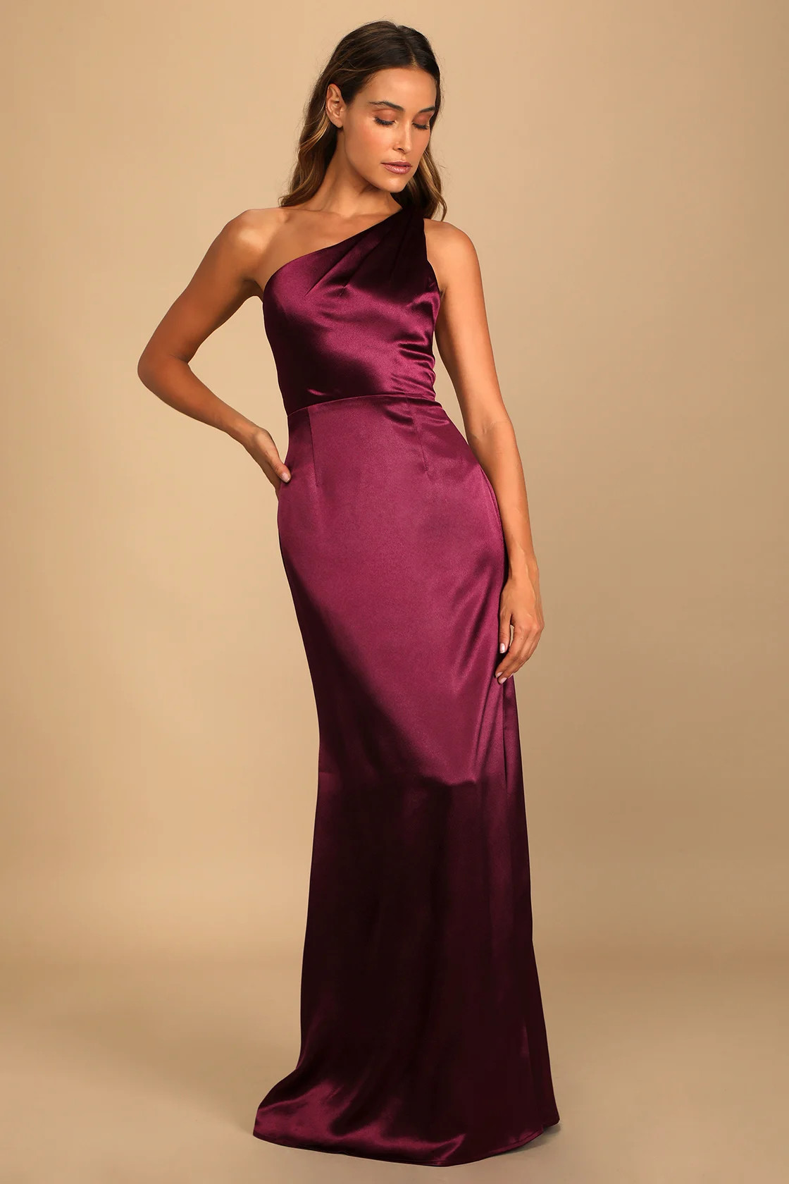 On the Guest List Burgundy Satin One-Shoulder Maxi Dress | Lulus (US)