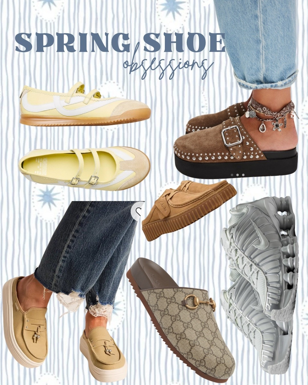 Spring shoes, studded mules, yellow Mary Jane sneakers, silver Nike shox, Gucci slides, Clarks nubucks, heydude slides