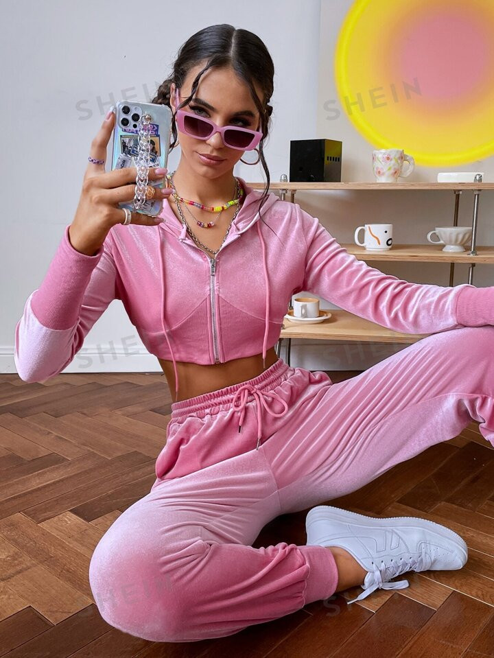 SHEIN Solid Crop Velvet Drawstring Hoodie & Sweatpants | SHEIN