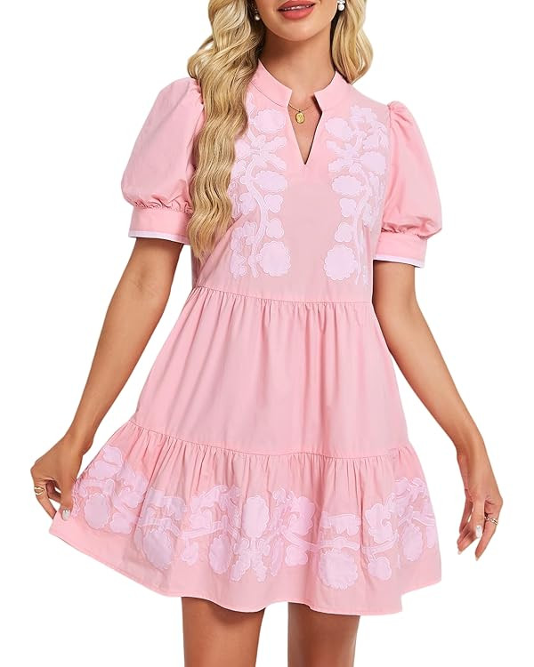 EZAPINE Women Embroidered Dress Summer Puff Short Sleeve Mini Dress V Neck Babydoll Short Dresses | Amazon (US)