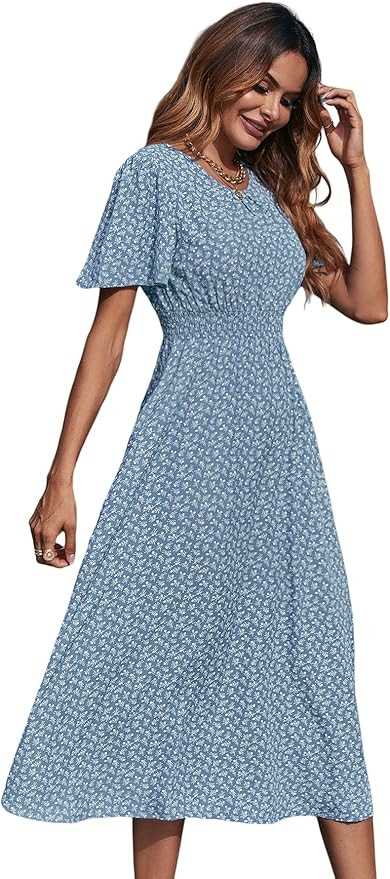 Floerns Women's Short Sleeve Boho Floral Dress A Line Smocked Midi Dress | Amazon (US)