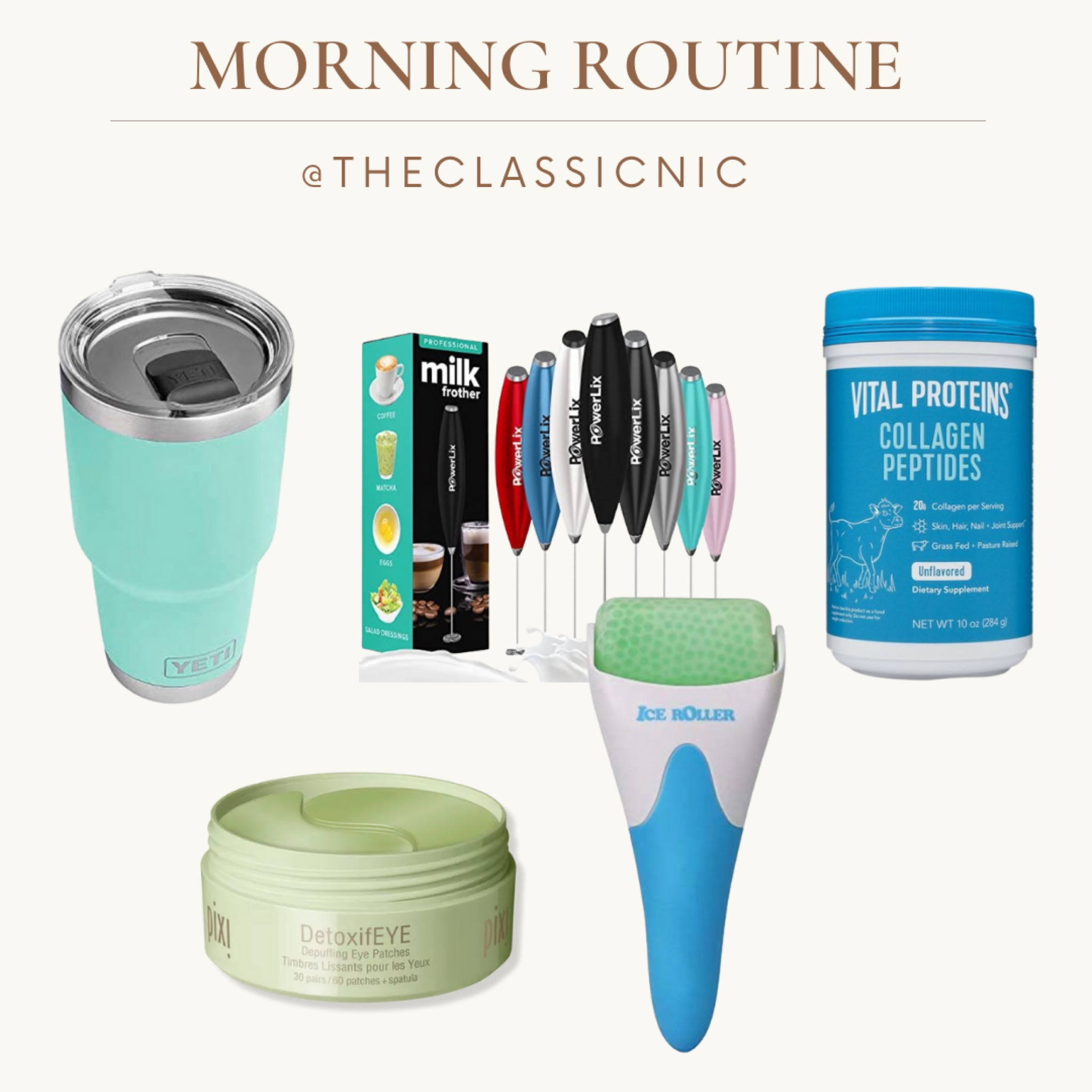 My morning routine. Yeti tumbler that’s great for home and travel. Milk frother. Collagen. Eye patches pixi beauty. Ice roller 

#LTKtravel #LTKhome #LTKbeauty