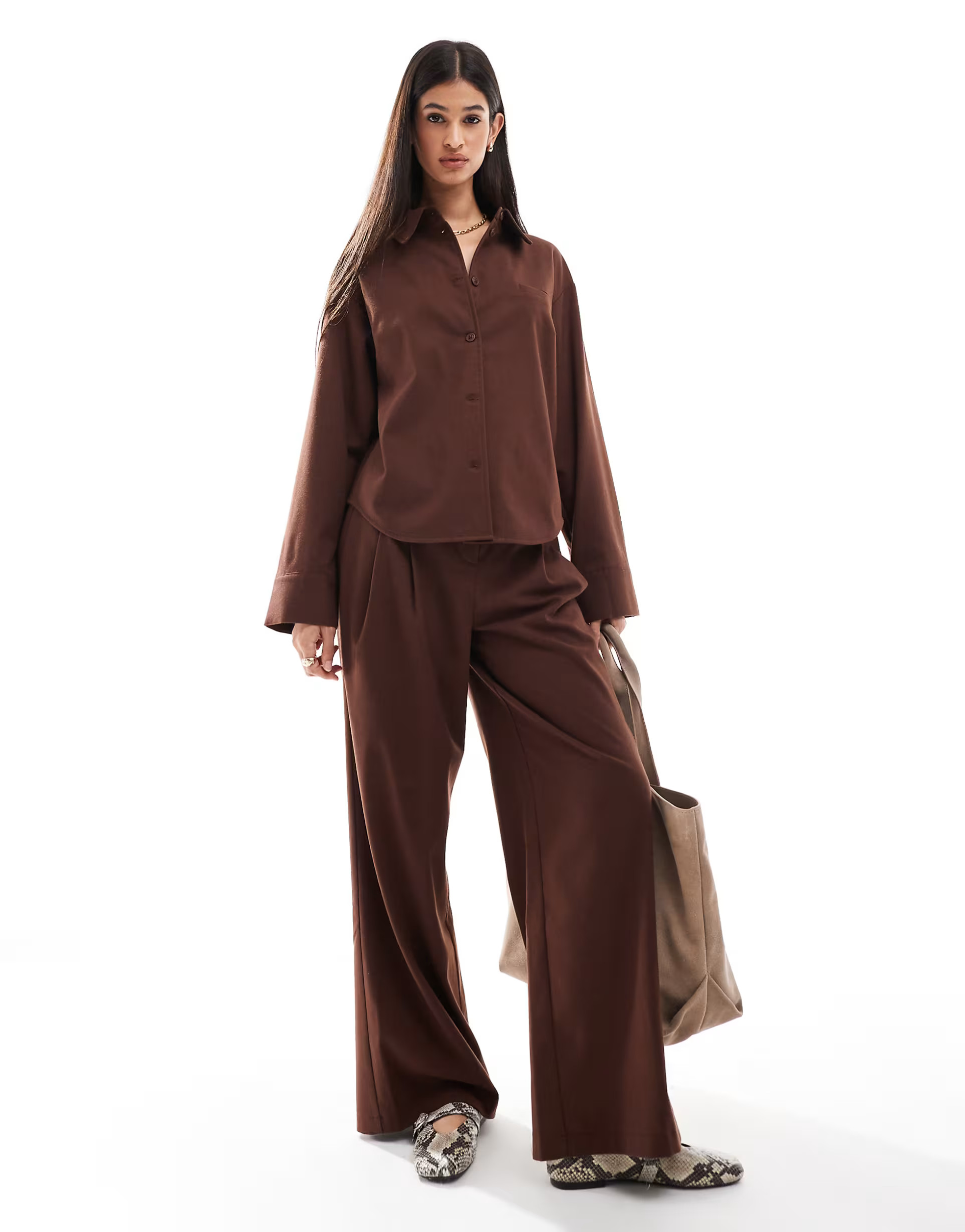 ASOS DESIGN tailored wide leg pants in wool look in brown - part of a set | ASOS (Global)