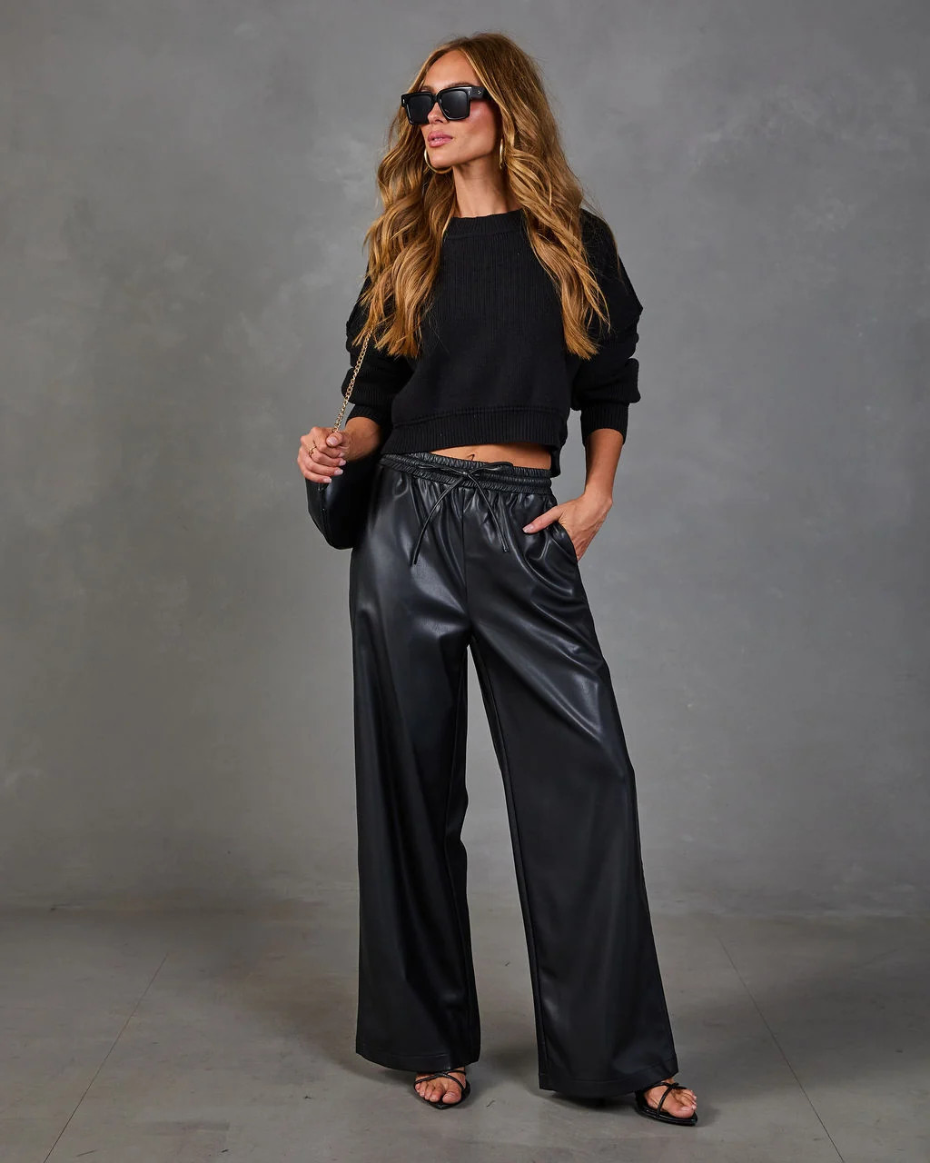 Steffan Vegan Leather Drawstring Waist Wide Leg Pants Black / L | VICI