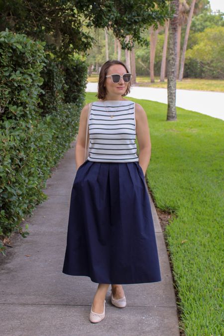 This striped boatneck sweater tank is gorgeous, light and airy. This navy poplin skirt with pockets is great for summer! I sized up in the skirt, and the top is TTS, however, if you want a more fitted look, size down in the top. 

#LTKSaleAlert #LTKStyleTip