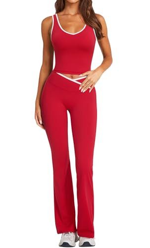 RXRXCOCO Workout Sets For Women 2 Piece Gym Yoga Pilates Outfits Active Matching Set Flare Leggings Scrunch Butt Lifting Crop Tank Top Red M | Amazon (US)