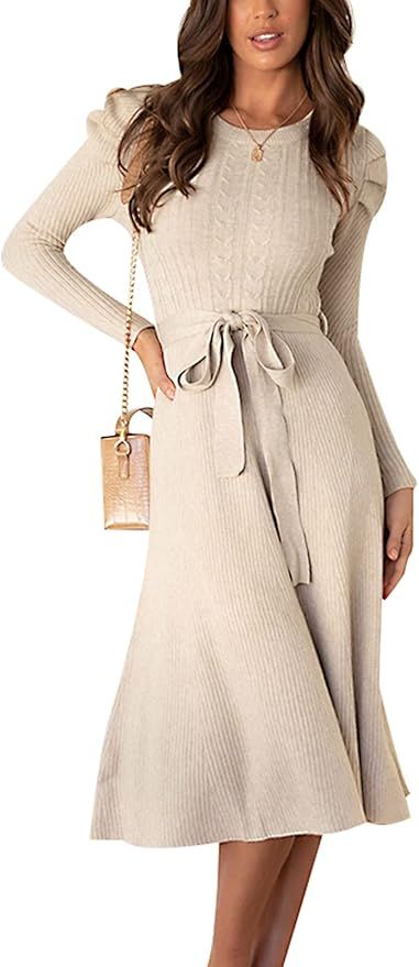 AUBIG Women's Sexy Knitted Dress Fashion Long Sleeve Bodycon Midi Dress Autumn Crewneck Slim Fit ... | Amazon (UK)