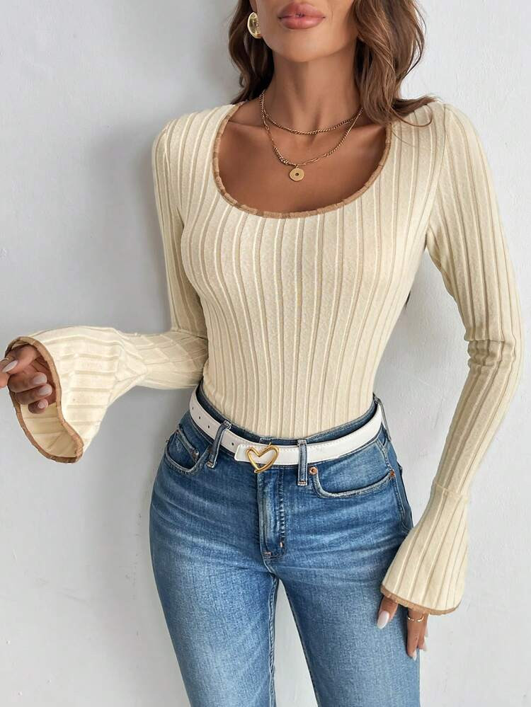 SHEIN Privé Women's Casual Color Block Flare Sleeve Bodysuit, Spring & Autumn | SHEIN