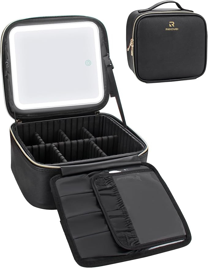 Relavel Makeup Bag with Light Up Mirror, Makeup Case Travel Cosmetic Bags Brush Organizer Storage... | Amazon (US)