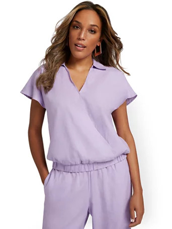 linen-blend collared surplice top | New York & Company