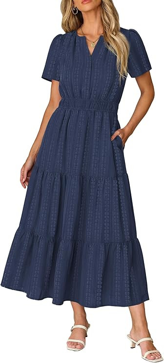 RUMIA Maxi Dresses for Women Casual Summer V Neck Elastic Waist Lightweight Boho Vacation Dress P... | Amazon (US)