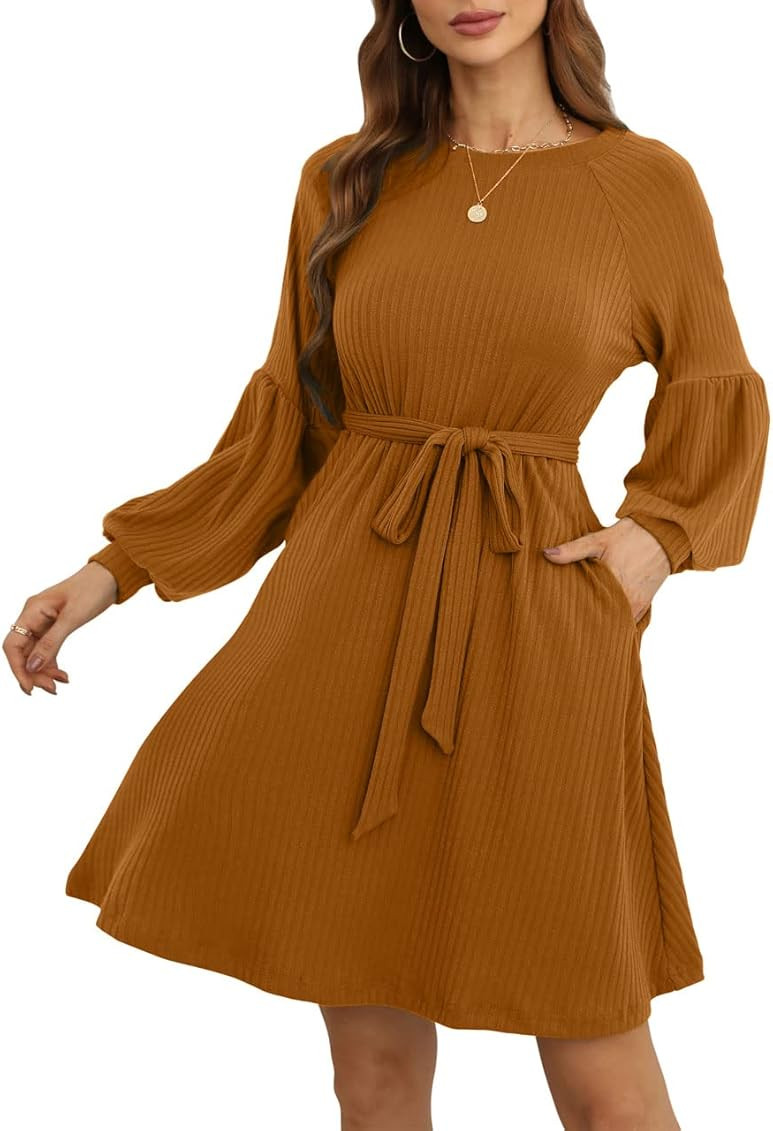 SHERRYRISE Woman's Long Sleeve Crew Neck Ribbed Knit High Waist Sweater Dress with Pockets | Amazon (US)