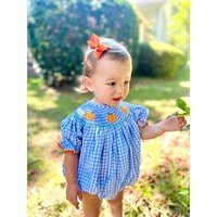 Smocked Pumpkin Bubble Romper in Blue Gingham - Halloween, Thanksgiving, Fall, Bishop Style, Baby Girl, Patch, Vintage Style 528 B | Etsy (US)