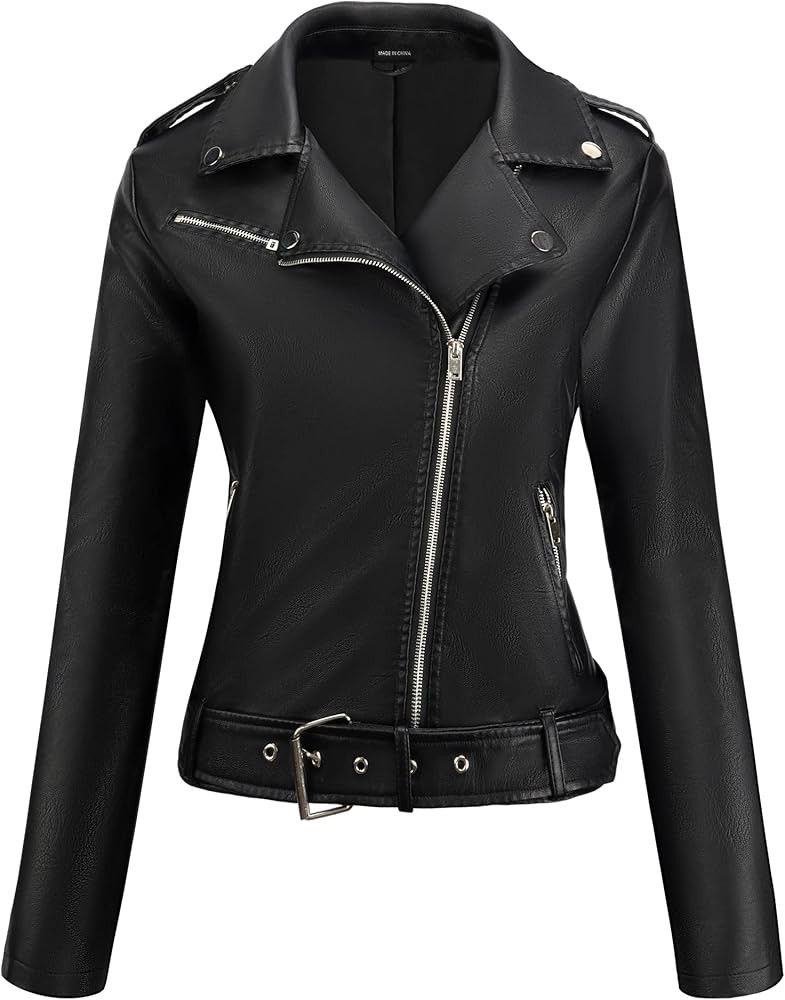 URBEST Women's Faux Leather Jacket Black Motorcycle Moto Biker Short Coat | Amazon (US)