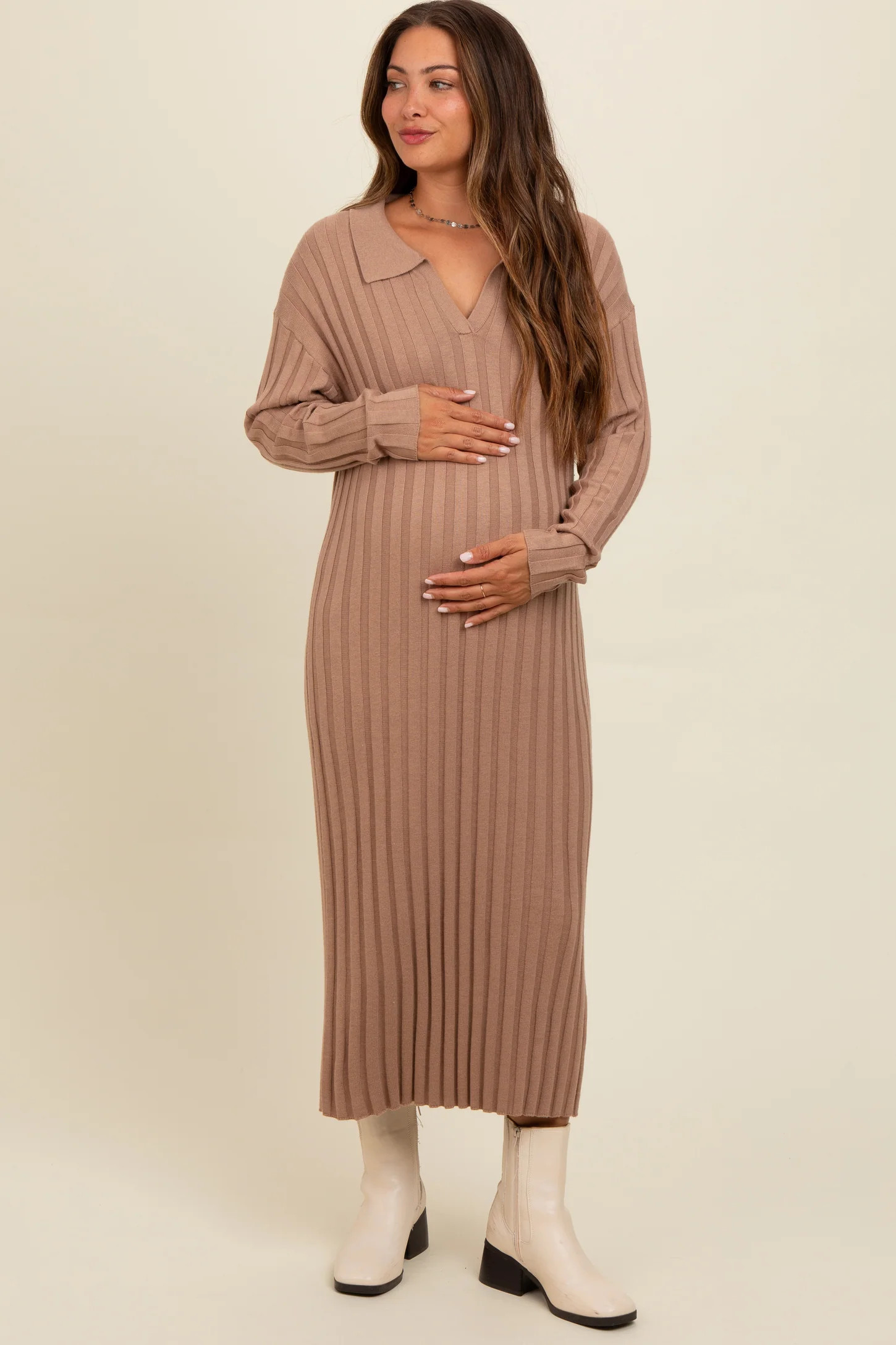 Mocha Ribbed Collared Maternity Midi Sweater Dress | PinkBlush Maternity