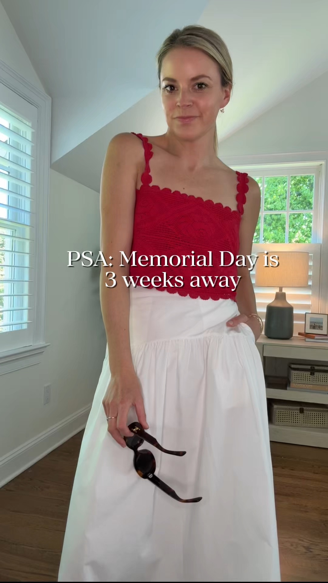 Memorial Day Outfit inspo 
-red top, size small 
-white midi skirt, size small but with j did an XS 
-blue dress, size small, I’m 5’5
-crochet tank, kids XL 
-white jeans, tts/26R
-blue floral top, size small 
-white tank, size small 
-red skort, size small 
-striped tank, size small 
-white tee, size small 
-striped pants, size XS 
-white Rollneck sweater, size small 
-shoes tts (I’m a 7.5 and went size 8 in whole size only styles) 