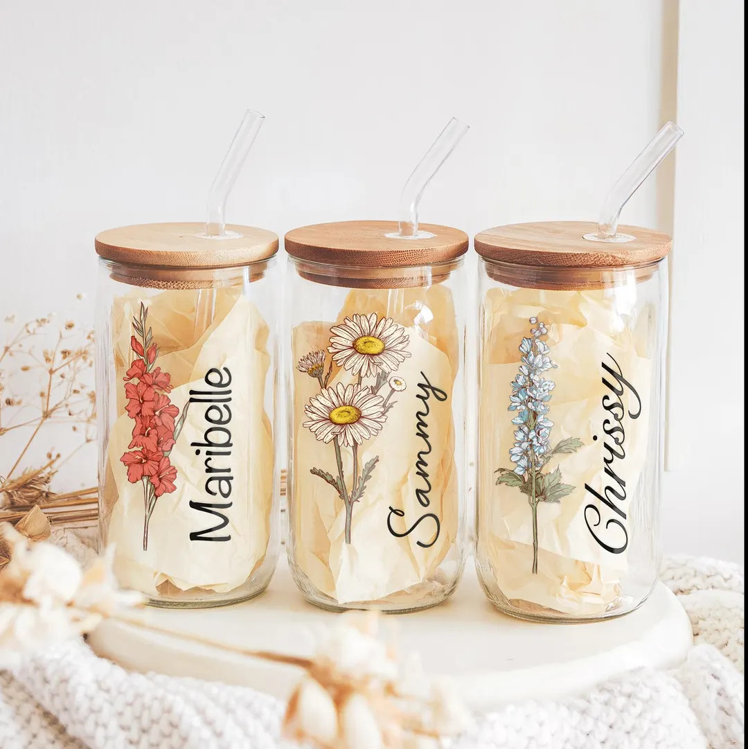 Personalized Birth Flower Glass Tumbler - Custom Birth Flower Gift for Bridesmaid - Bridesmaid Pr... | Etsy (US)
