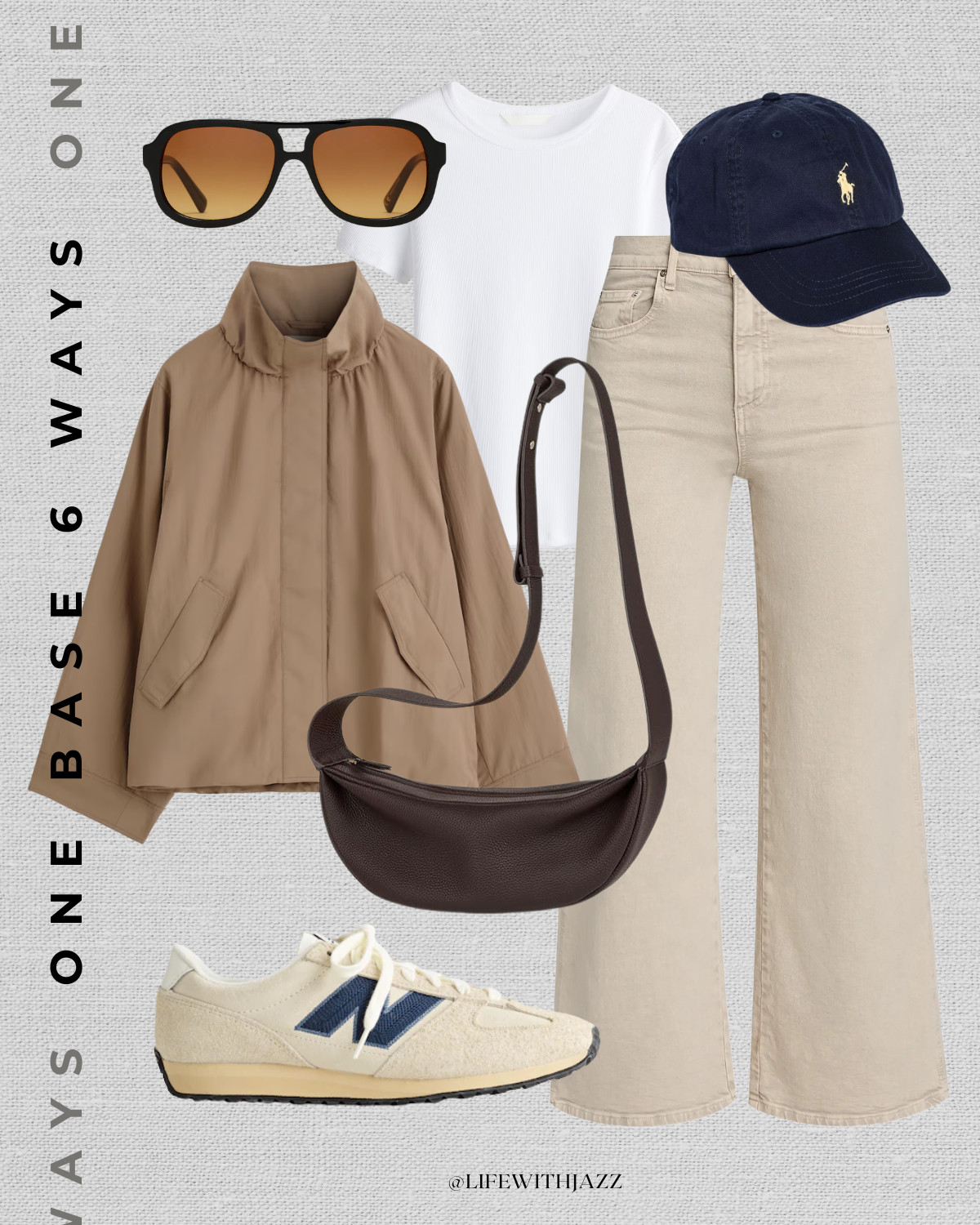 1 base 6 ways outfit with beige jeans 

spring style / summer style / casual style / beige wide leg jeans / ribbed tee / lightweight spring jacket / polo ralph lauren baseball cap / aviator sunglasses / new balance sneakers / lifestyle sneakers / amazon crossbody / minimal style  

 

#LTKootd