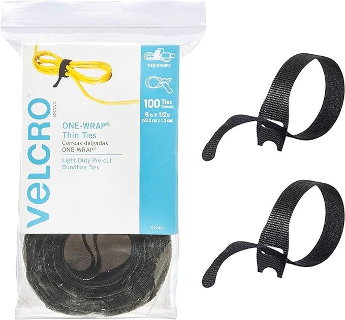 VELCRO Brand ONE-WRAP Cable Ties, 100Pk, 8 x 1/2" Black Cord Organization Straps, Thin Pre-Cut De... | Amazon (US)
