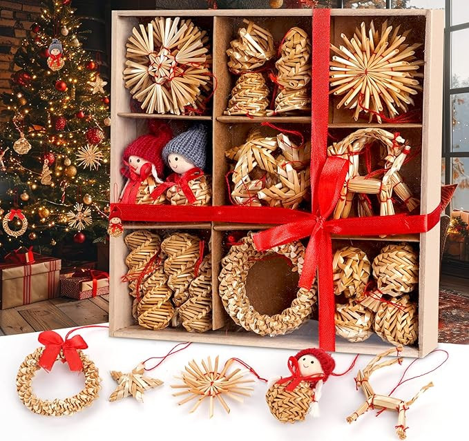 35pcs Christmas Straw Ornaments, Scandinavian Christmas Decorations, Star Snowflake Heart Angel G... | Amazon (US)