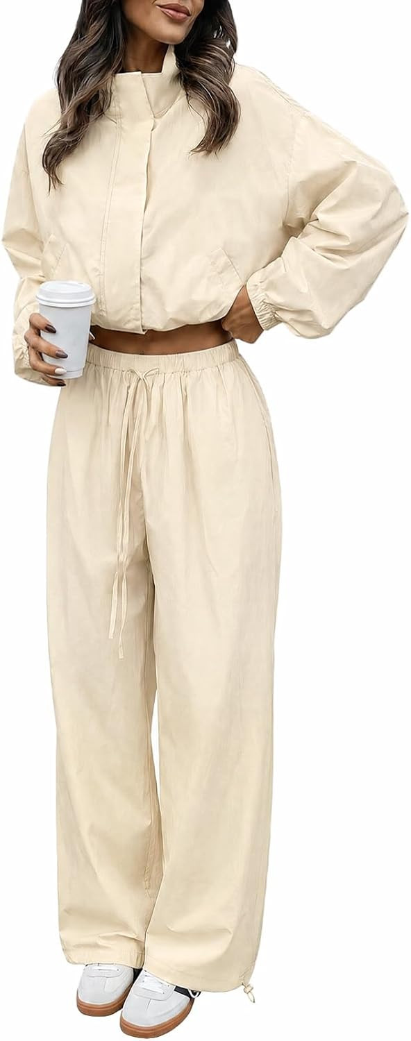 Tankaneo Womens 2 Piece Sets Fall Outfits Cropped Jacket Wide Leg Pants | Amazon (US)