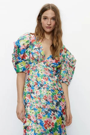 Bright Floral Print Puff Sleeve V Neck Dress | Warehouse UK & IE