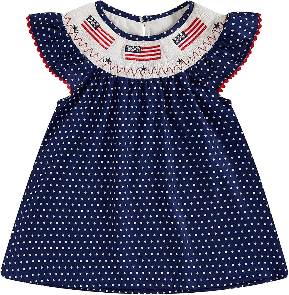 Toddler Baby Girl 4th of July Clothes USA Flag Embroidery Smocked Dress Flutter Sleeve Princess D... | Amazon (US)