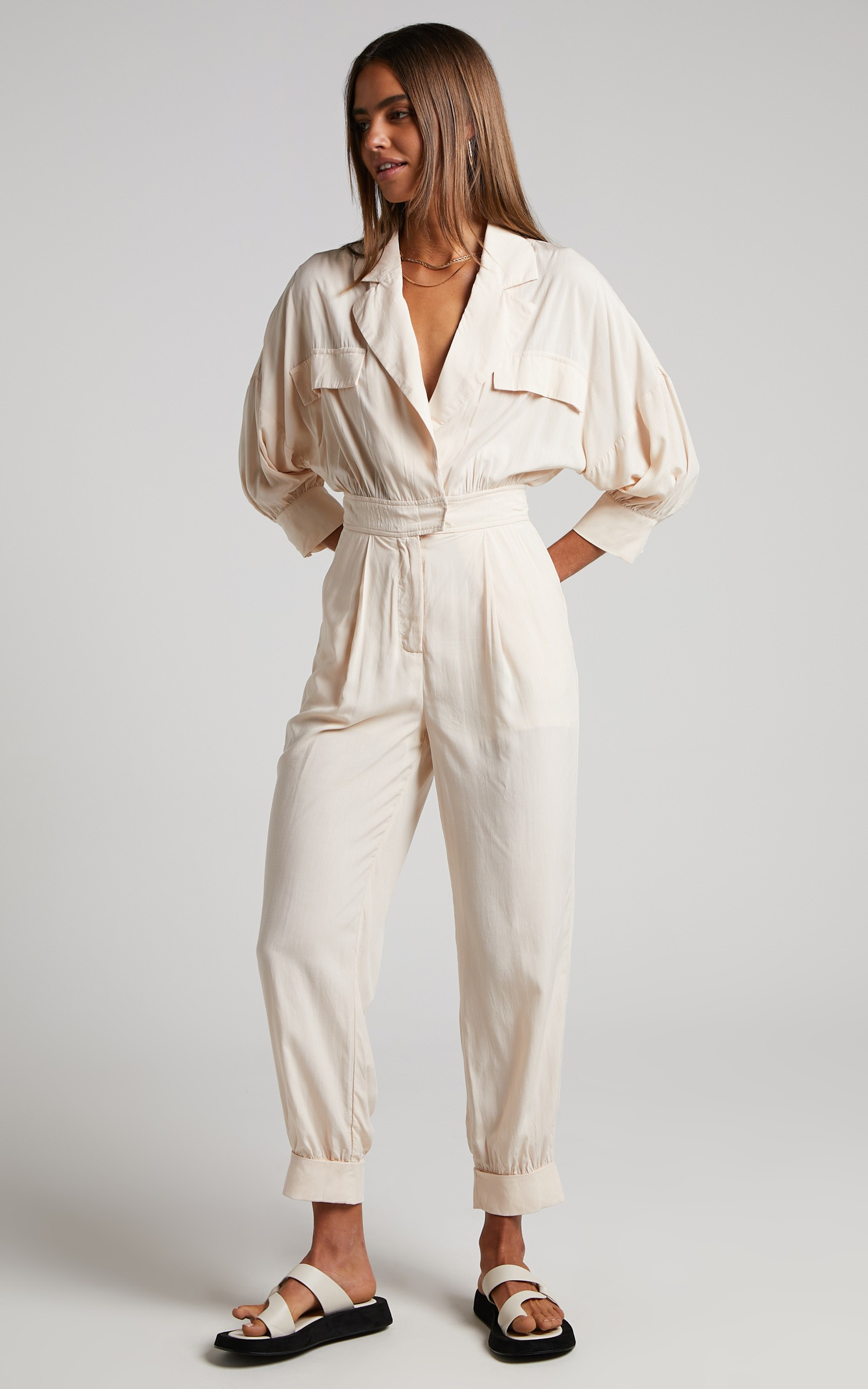 Ayelin Jumpsuit - Relaxed 3/4 Sleeve Jumpsuit in Cream | Showpo (US, UK & Europe)
