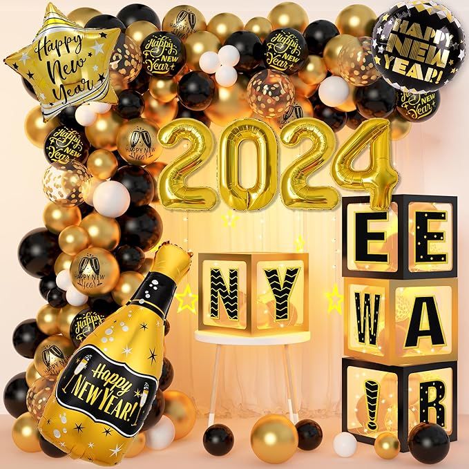 Happy New Year Decorations 2024, New Years Eve Party Supplies with Black and Gold Garland Arch Ki... | Amazon (US)
