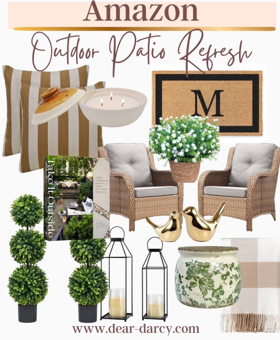 Amazon outdoor porch refresh 

Perfect pieces for your patio. This spring!

-Cushioned whicker chairs  set of two
-monogram door mat
-green topiary’s 
- stripped pillows
-citronella candle
- coffee table book on outdoor living
- standing lanterns 
-Beautiful green floral pot
-Gold birdies for the table
-Beautiful soft checkered blacker for chilly morning or evenings 
-silk floral in pot

#LTKHome #LTKStyleTip