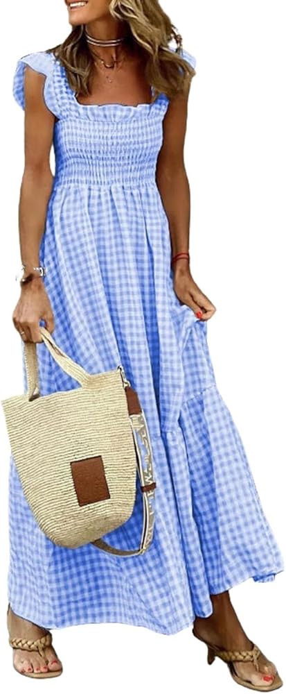 2024 New Multi Plaid Smocked Bust Maxi Dress, Women's Retro Plaid Smocked Dress, Square Neck Long... | Amazon (US)