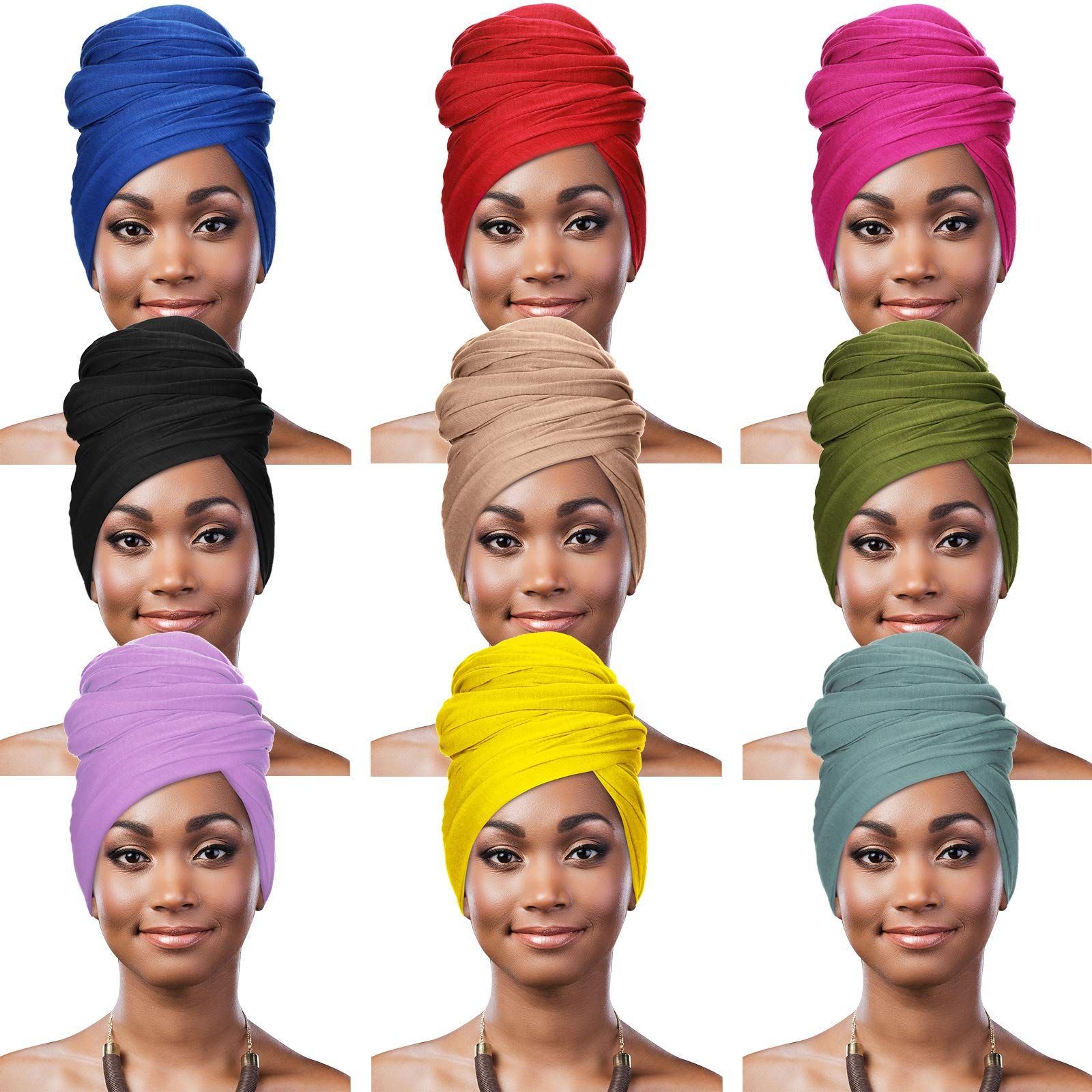 9 Pieces Stretch Head Wraps in 9 Colors Scarf Women African Turban Long Hair Scarf Soft Hair Band Ti | Amazon (US)