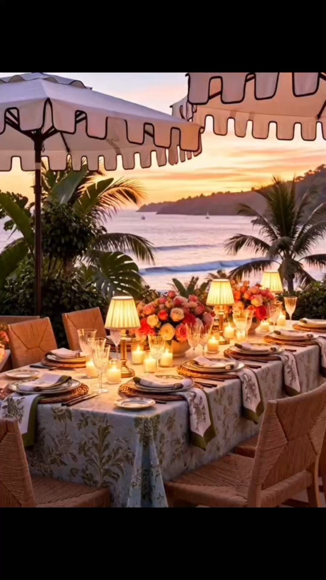 Weekend plan: alfresco dining by the sea at sunset. 🌅 The soft evening light, ocean breeze, and glow from the table lamps and candles make the whole setting feel relaxed, romantic, and effortlessly elegant.

A patterned tablecloth sets the tone, layered with sculptural dinnerware, coordinating napkins, sparkling drinkware, and a lush low flower arrangement. Woven outdoor dining chairs bring in beautiful natural texture, while the scalloped umbrella adds just the right amount of resort-inspired charm. As the sun goes down, rechargeable table lamps create that warm, intimate glow that makes you want to stay outside a little longer.

Everything you need for a sunset table is linked—from the table linen and dinnerware to the outdoor chairs, umbrella, rechargeable lamps, flower arrangement, and drinkware.

#AlfrescoDining #OutdoorDining #PatioDining #OutdoorEntertaining #Tablescape #TableSetting #Tablecloth #TableLinen #Dinnerware #DinnerSet #Drinkware #WineGlasses #FlowerArrangement #OutdoorDiningChair #OutdoorDiningTable #PatioUmbrella #RechargeableTableLamp #OutdoorLighting #SunsetDining #CoastalStyle #WeekendVibes #WeekendPlan

#LTKdayinmylife #LTKHome #LTKSaleAlert