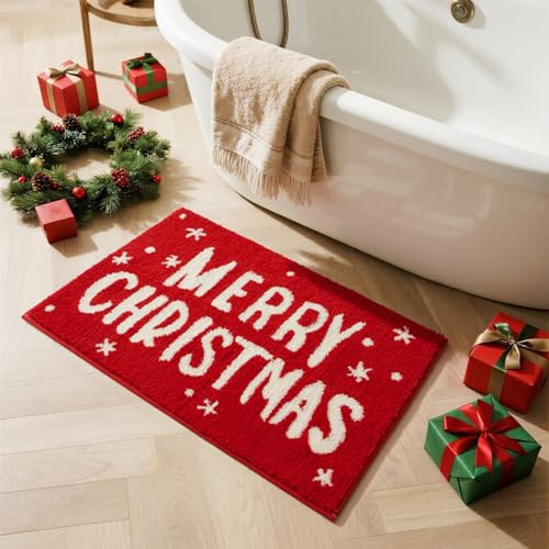 TYUU Christmas Bathroom Rugs, Extra Soft Absorbent Bath Rug Non Slip Washable Bathroom Mat Holiday Xmas Home Decor Indoor Bath Mat, Merry Christmas, 20"x30" | Amazon (US)