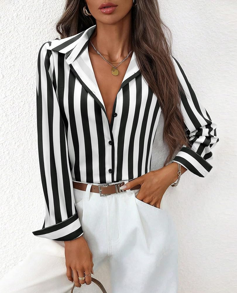 siliteelon Button Down Shirts for Women Striped Dress Shirts Long Sleeve Casual Collared Office W... | Amazon (US)