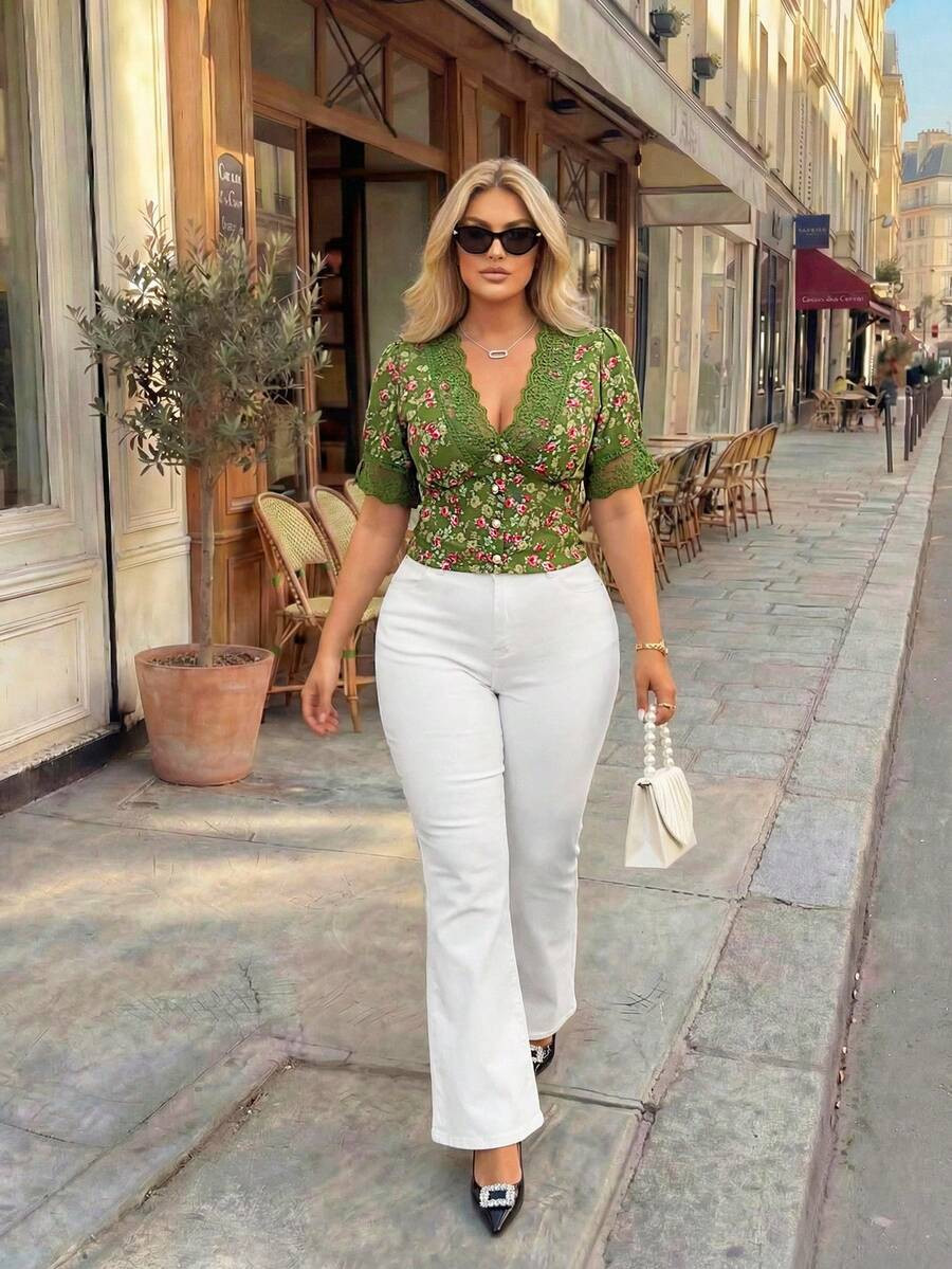 Easura Plus Size Women's New Elegant Casual Vacation Floral Lace Short Sleeve V-Neck Blouse, ... | SHEIN