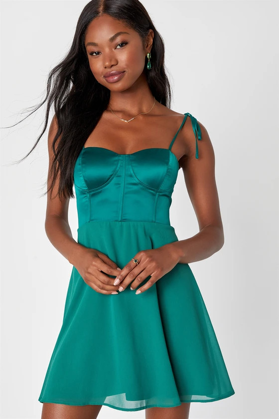 Green Satin Bustier Tie-Strap Skater Mini Dress | Green Satin Dress | Kelly Green Dress |  | Lulus (US)
