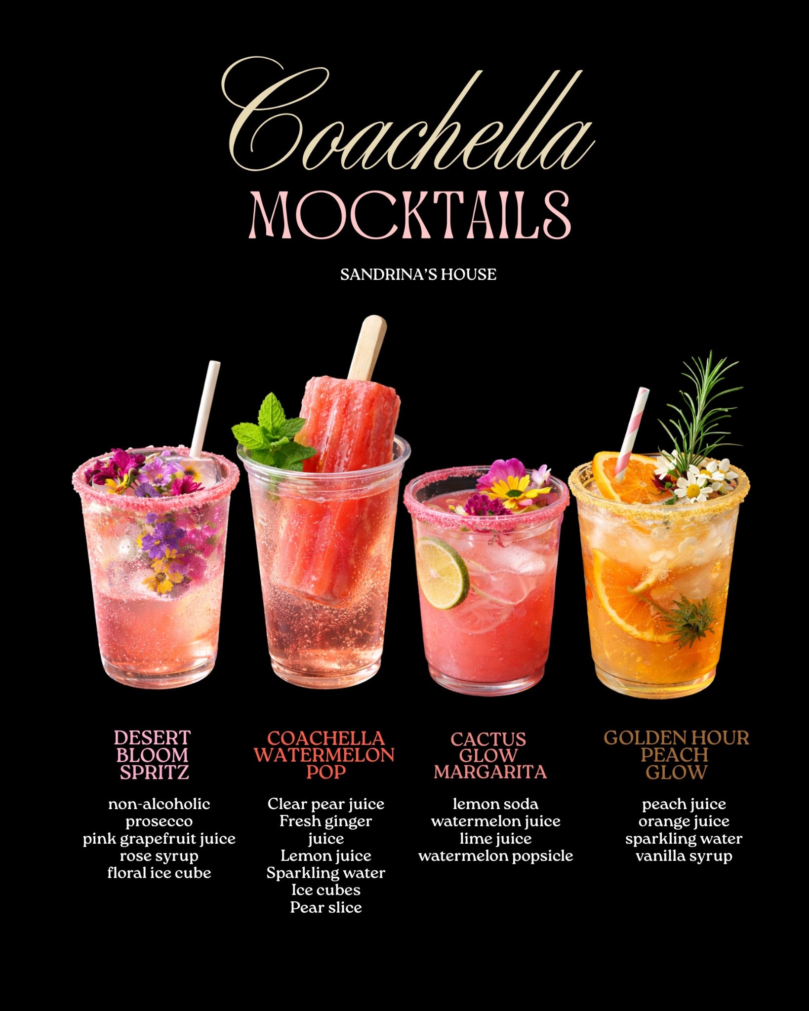 bringing coachella home 🌸✨
these aesthetic mocktails are my go-to for a festival vibe without leaving the house
plastic cups, edible flowers, golden hour colors and zero alcohol – just pure vibe

shop everything I used to recreate this look 💌