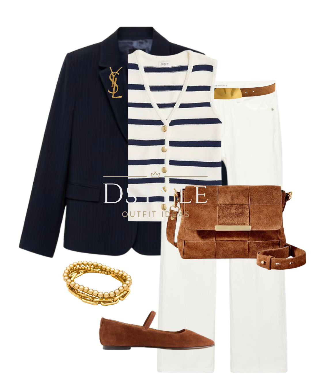 Dark navy pinstripe blazer, striped button sweater-vest, waistcoat, white baggy jeans, suede belt, tan suede woven crossbody bag, the Greta ballet flat shoes in soft mahogany, YSL brooch 

 

#LTKStyleTip #LTKWorkwear #LTKShoeCrush