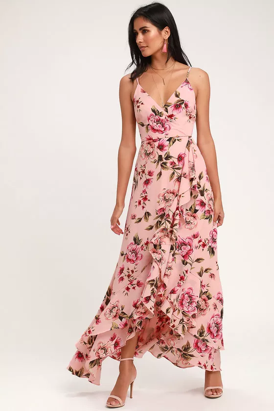 Romantic Marvel Pink Floral Print Halter Neck Maxi Dress
