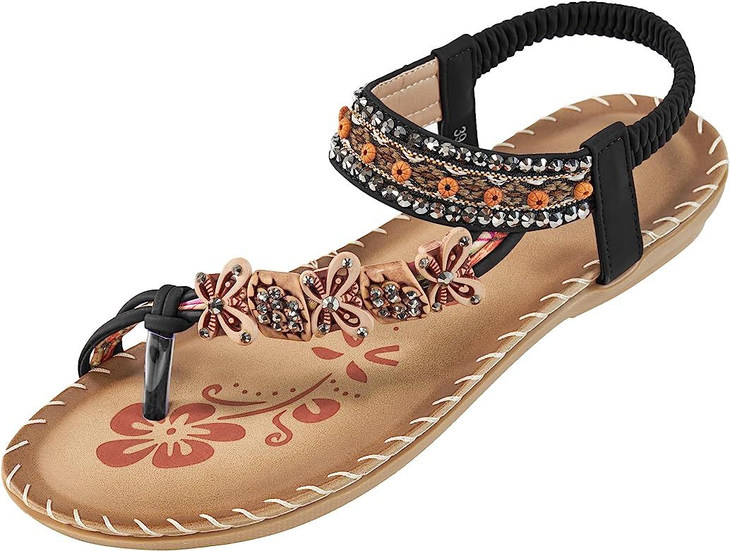 Ablanczoom Flat Sandals for Women Summer Comfortable bohemian beaded Dressy Sandal Casual Ankle Stra | Amazon (US)