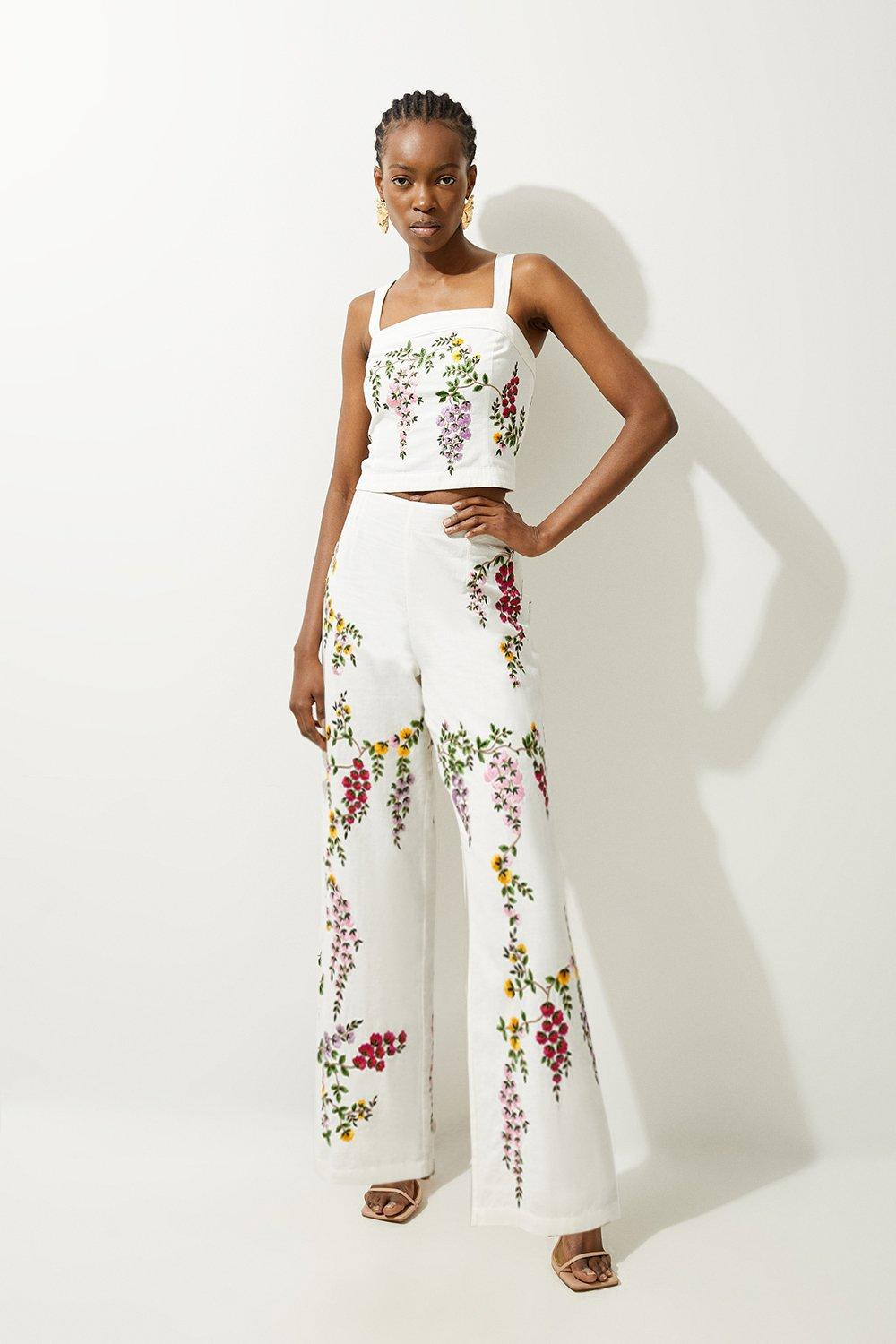 Floral Embroidered Cotton Linen Woven Wide Leg Trousers | Karen Millen UK + IE + DE + NL