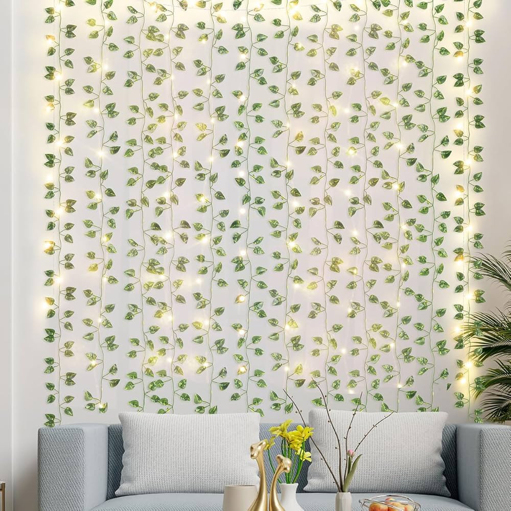 JACKYLED 80Ft 12 Pack Artificial Ivy Garland, Pothos Money Leaves with CE Certified 80 LED String... | Amazon (US)