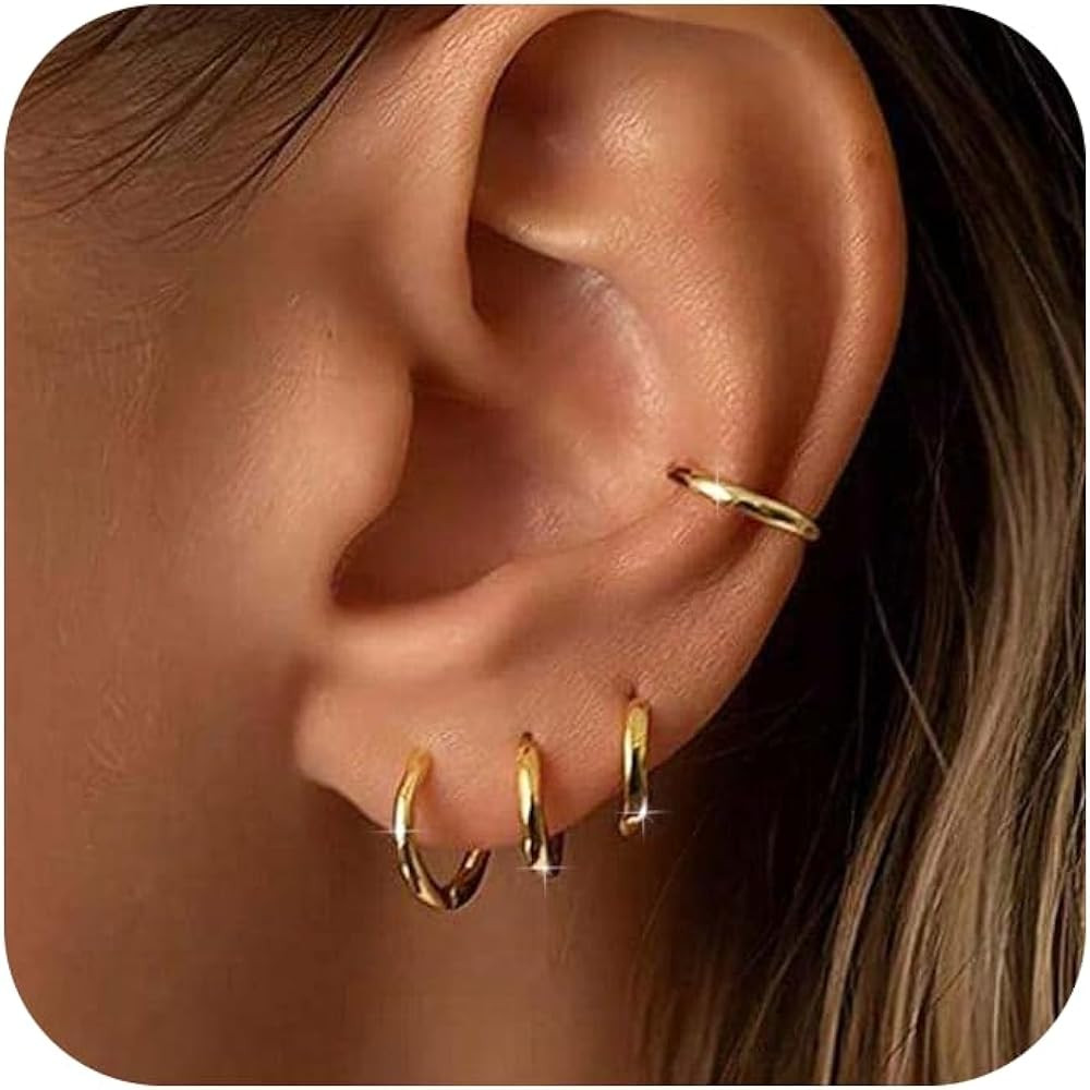 Gold Hoop Earrings Set for Women Hypoallergenic 14K Real Gold Plated Huggie Cartilage Earrings Se... | Amazon (US)