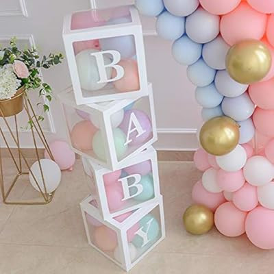 Baby Shower Boxes Party Decorations – 4 pcs Transparent Balloons Boxes Décor with Letters, Ind... | Amazon (US)