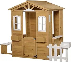 Outsunny Outdoor Playhouse for Kids Wooden Cottage with Working Doors Windows & Mailbox, Pretend ... | Amazon (US)