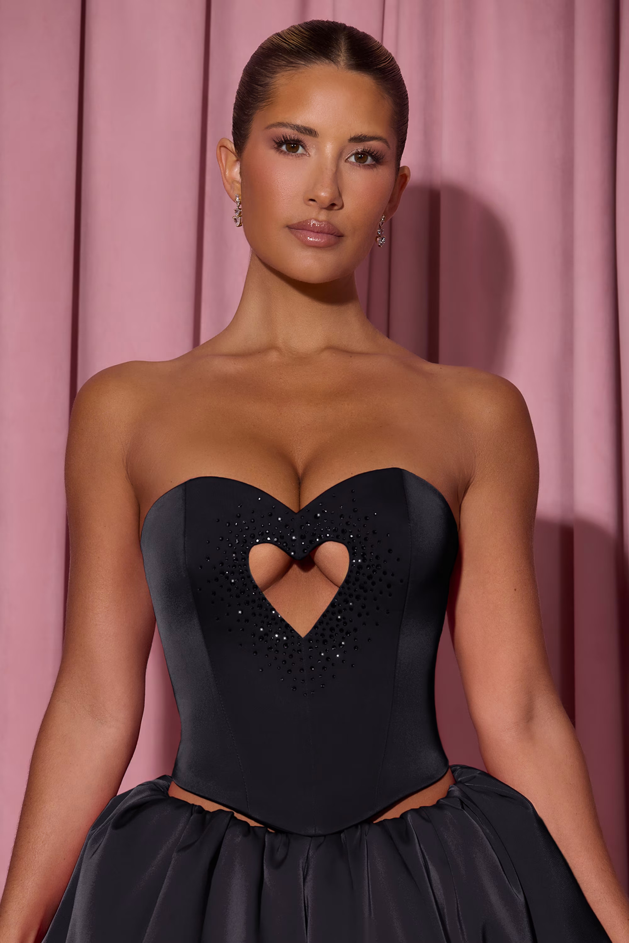 Embellished Heart Cut-Out Strapless Corset Top in Black | Oh Polly