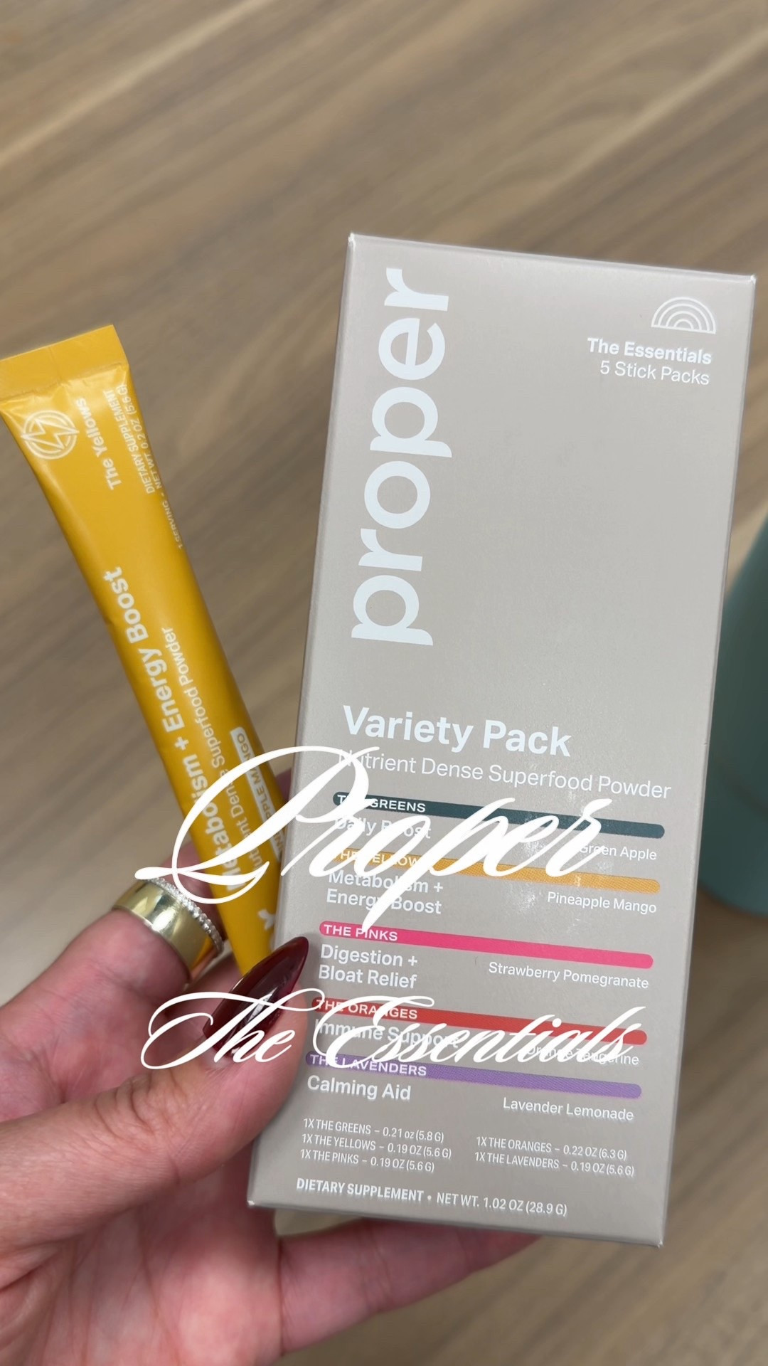 #ad POV: You found a quick, easy way to boost your energy and metabolism on the go 🔋

Proper - The Essentials Variety Pack ✨

- Nutrient-Dense: Packed with antioxidant-rich superfoods, essential vitamins, and vital minerals for overall wellness

- Whole-Food-Derived: Ingredients sourced from whole foods for a natural approach to health

- Easy to Use: Convenient stick packs that simply require adding water

- Portable: Perfectly sized for on-the-go consumption

- Variety Pack: Available in five different flavors to suit varied preferences

- Supports Vitality: Formulated to enhance vitality and energy levels


#LTKfitnessgoals #LTKmorningroutine #LTKActive