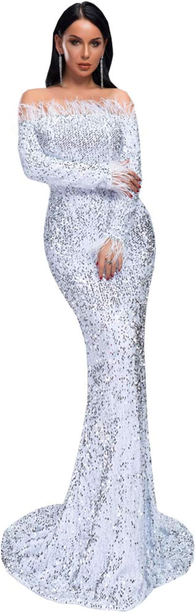 Miss ord Sexy Off Shoulder Feather Longsleeve Sequin Floor Length Evening Party Maxi Reflective D... | Amazon (US)