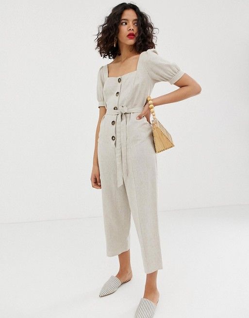 ASOS DESIGN button front tie waist puff sleeve jumpsuit with short sleeves | ASOS (Global)